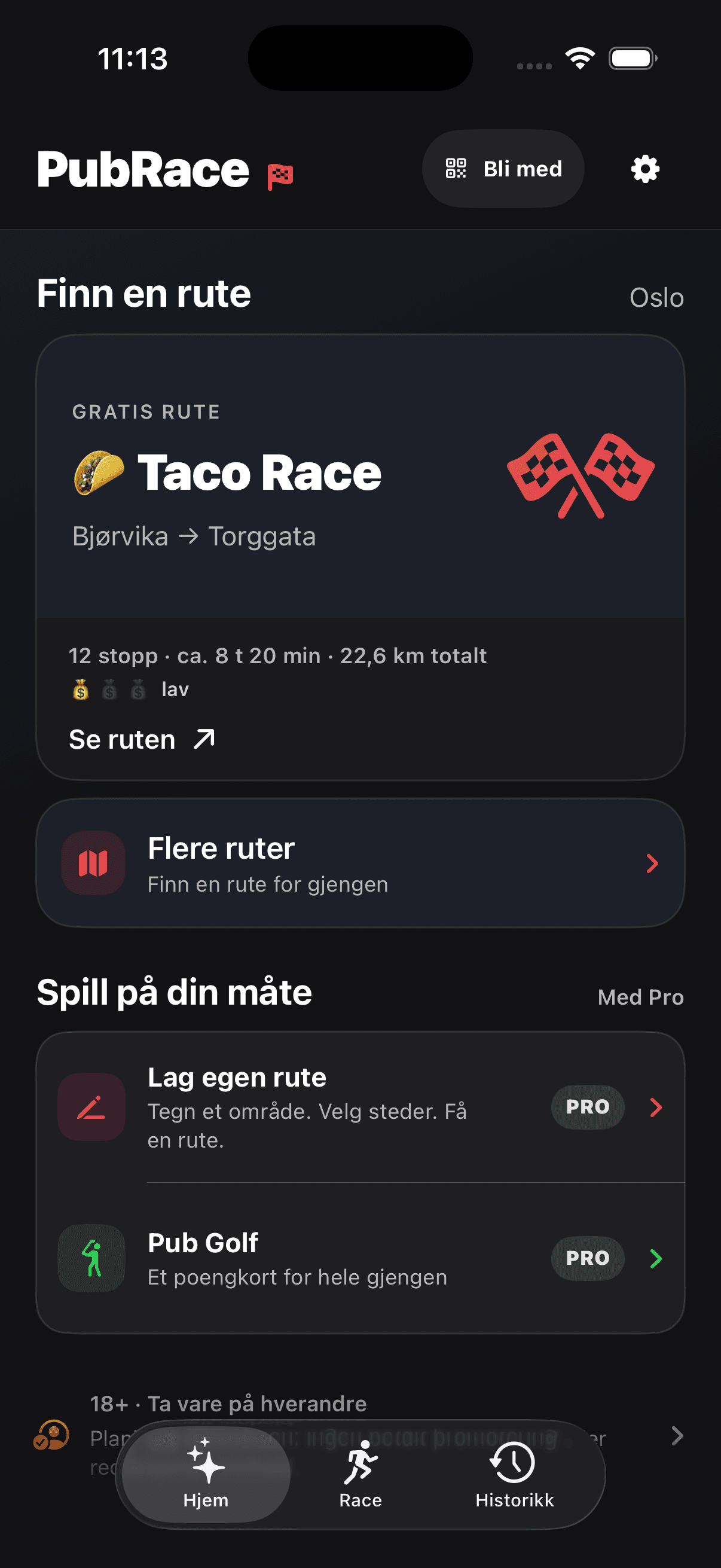 PubRace på iPhone: ferdige ruter, egen rute og Pub Golf. Ekte skjermbilde fra testversjonen.